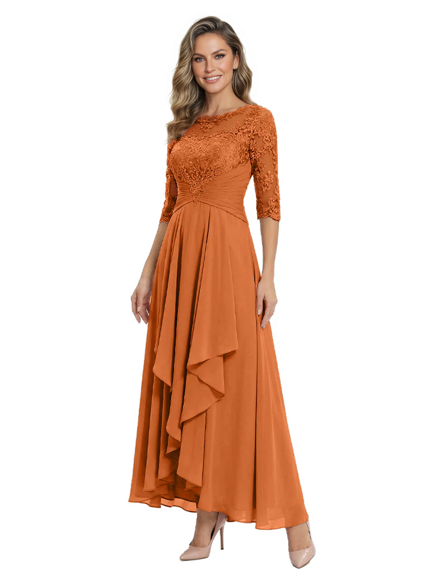 3/4 Sleeve Mother of the Bride Dress with Lace Embroidery High-Low Hem 2026