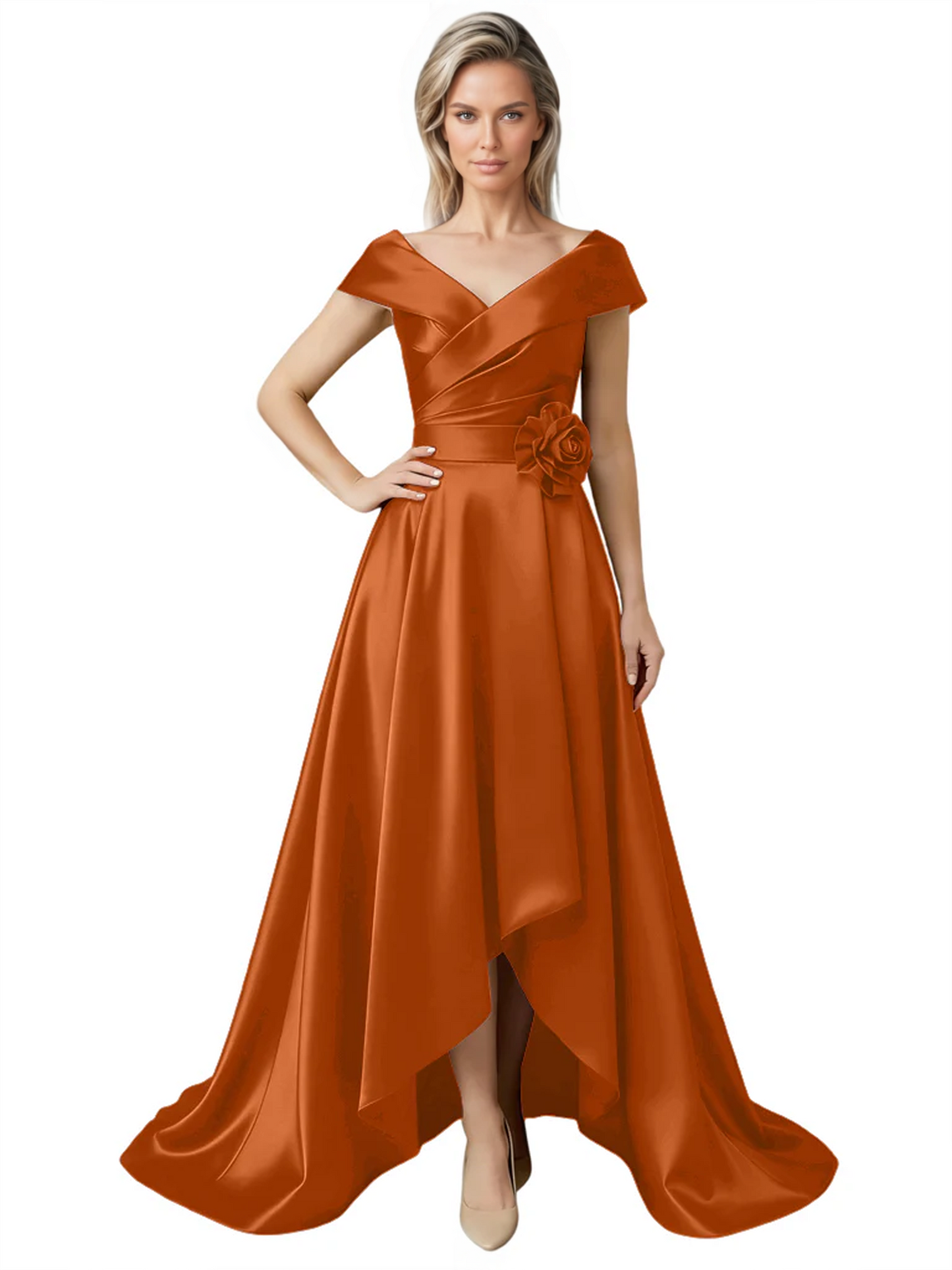 Off Shoulder Mother of the Bride Dress High-Low Satin Gown with Portrait Neckline