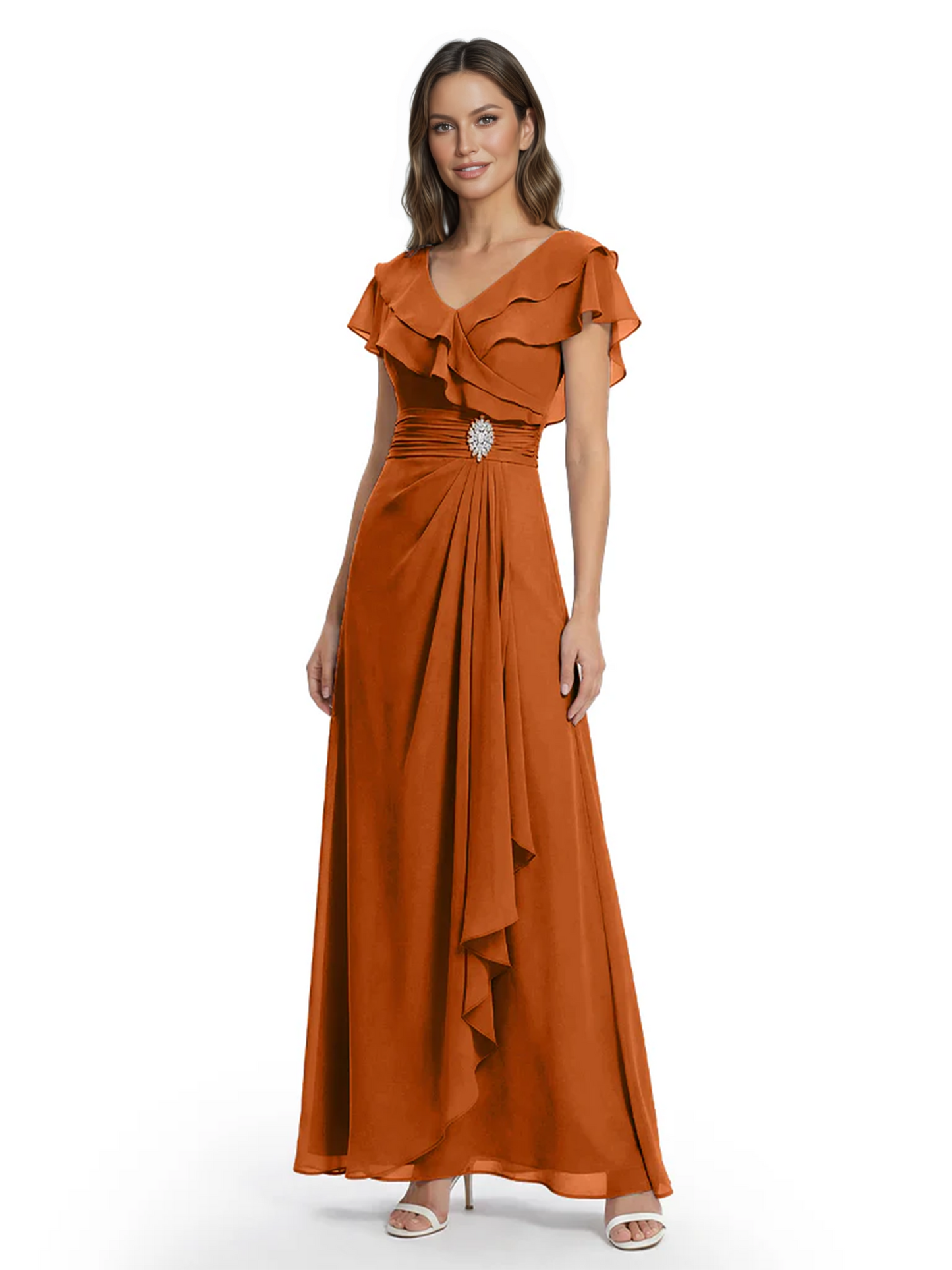 Elegant Mother of the Groom Dress Cascading Ruffle Chiffon Formal Gown Rhinestone