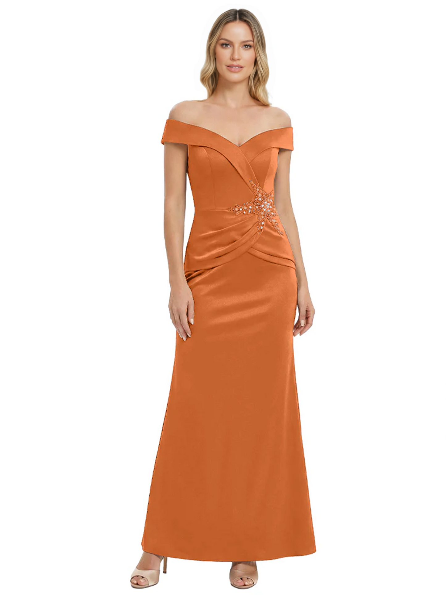 Off Shoulder Mother of the Bride Dress Beaded Waist Satin Gown Portrait Neckline