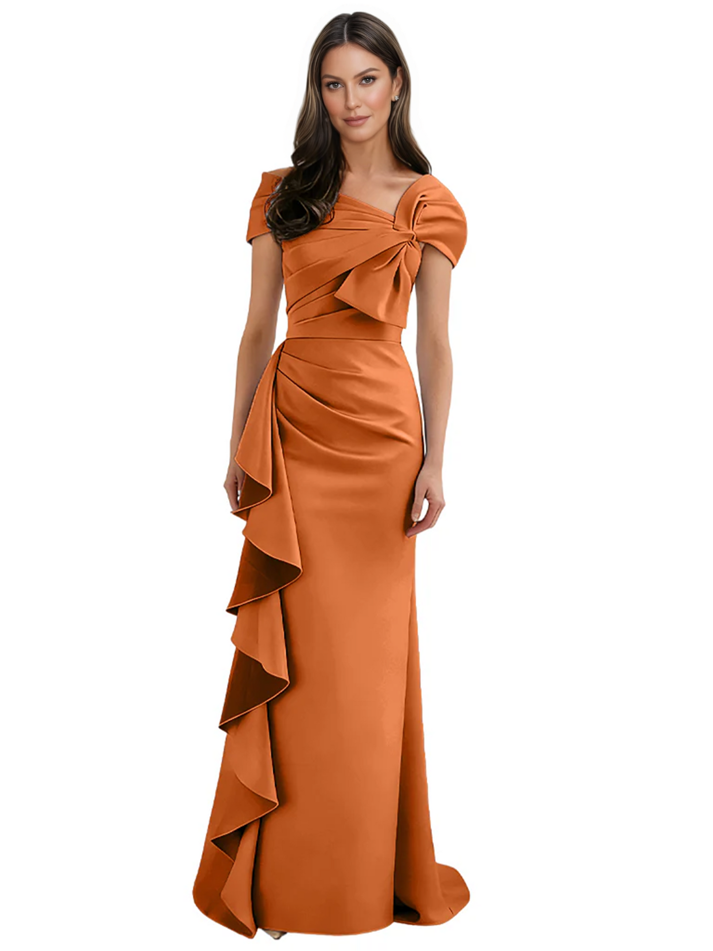 Elegant Mother of Bride Dress Formal Gowns Mermaid Ruffle Floor Length Asymmetric Neckline