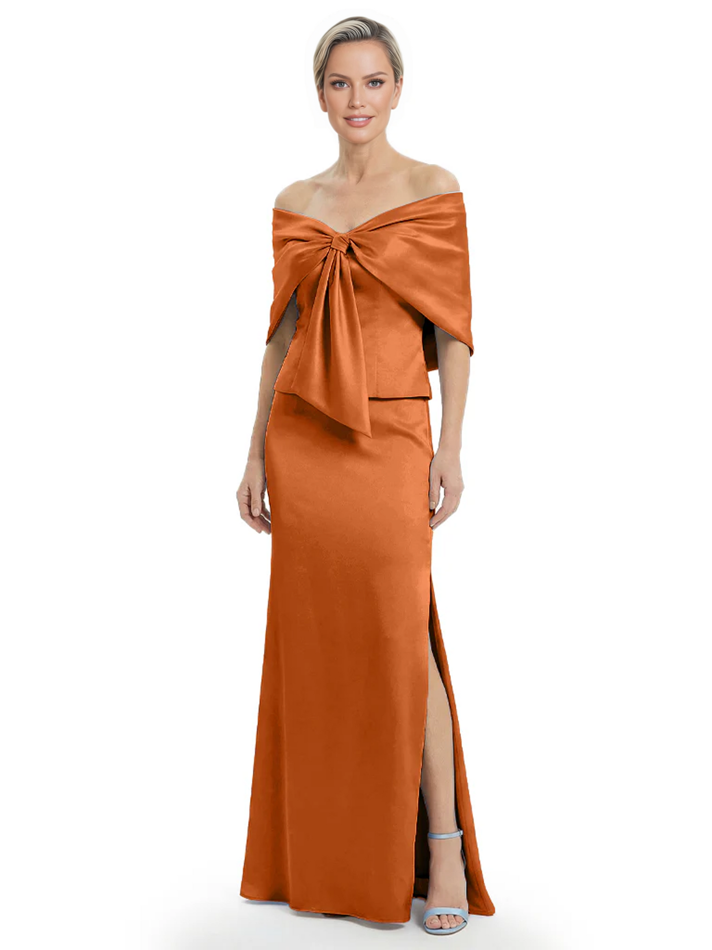 Formal Floor-Length Mother of the Bride Gown Satin Maxi Dress with Bow Neckline