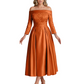 Off Shoulder Mother of the Bride Dress Tea-Length Satin Gown with Lace Applique