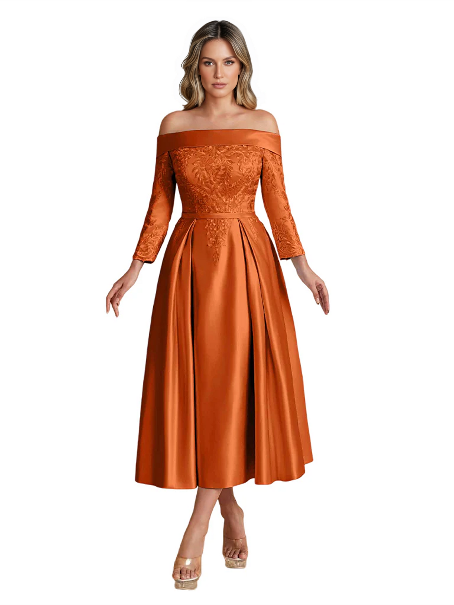 Off Shoulder Mother of the Bride Dress Tea-Length Satin Gown with Lace Applique