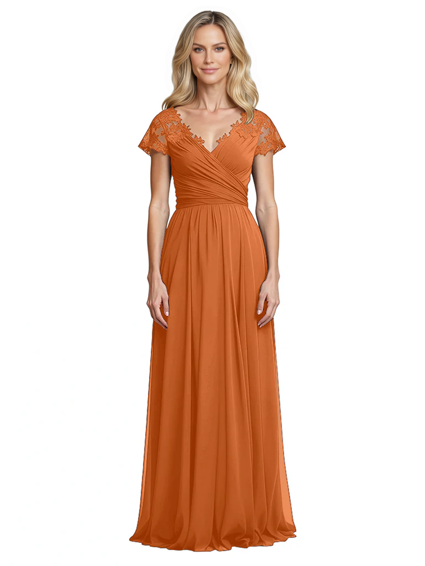 Mother of the Bride Dress Cap Sleeves and V-Neckline with Embroidered Lace Shoulders