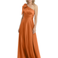 One-Shoulder Mother of the Bride Dress Satin Gown with Bow Ruched Empire Waist