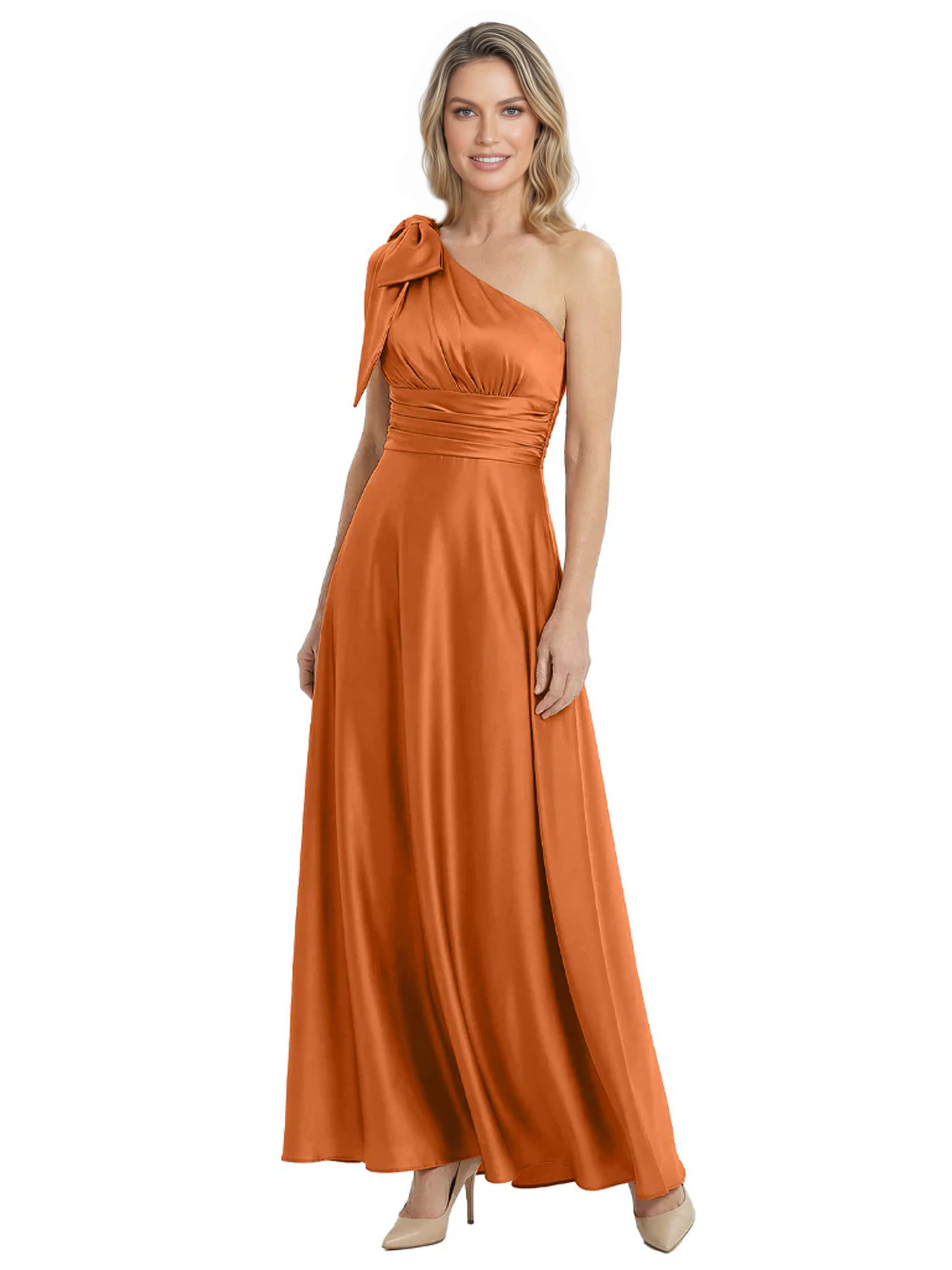 One-Shoulder Mother of the Bride Dress Satin Gown with Bow Ruched Empire Waist