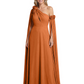 One Shoulder Mother of the Bride Dress Asymmetrical Cape Sleeve Gown with Floral