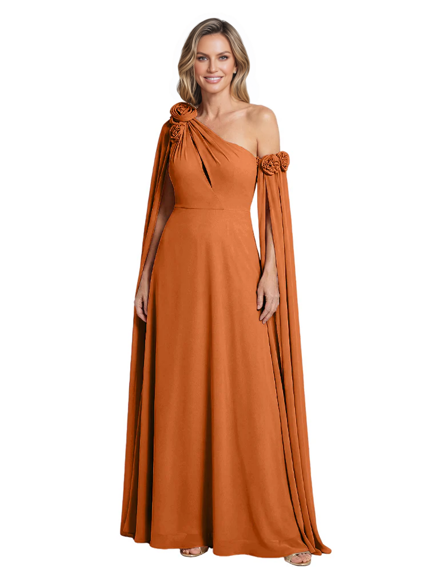 One Shoulder Mother of the Bride Dress Asymmetrical Cape Sleeve Gown with Floral