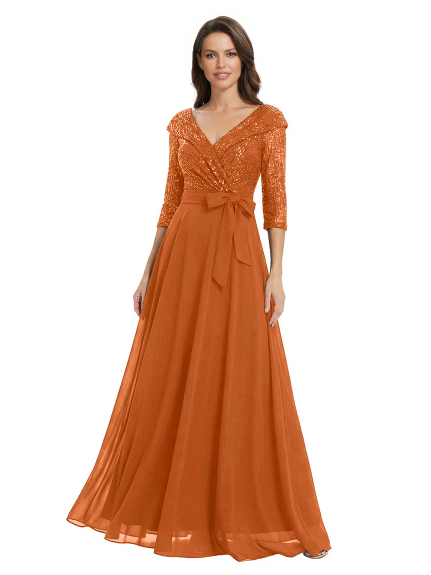Chiffon Mother of the Bride Dress with Sequin V-Neck and Elegant Bow Sash