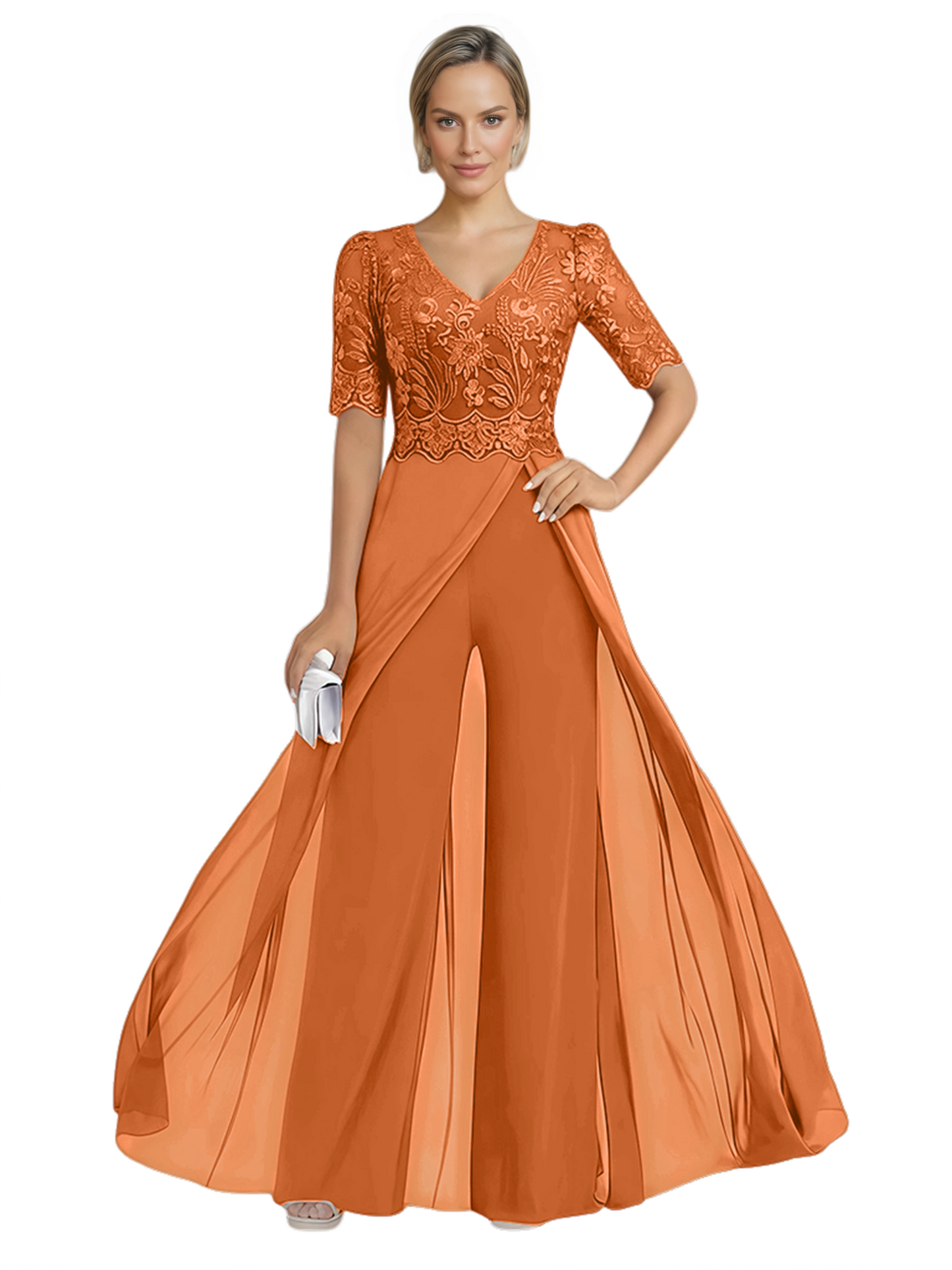 V-Neck Chiffon Mother of the Brides Jumpsuits Dresses Floor Length A-Line Lace