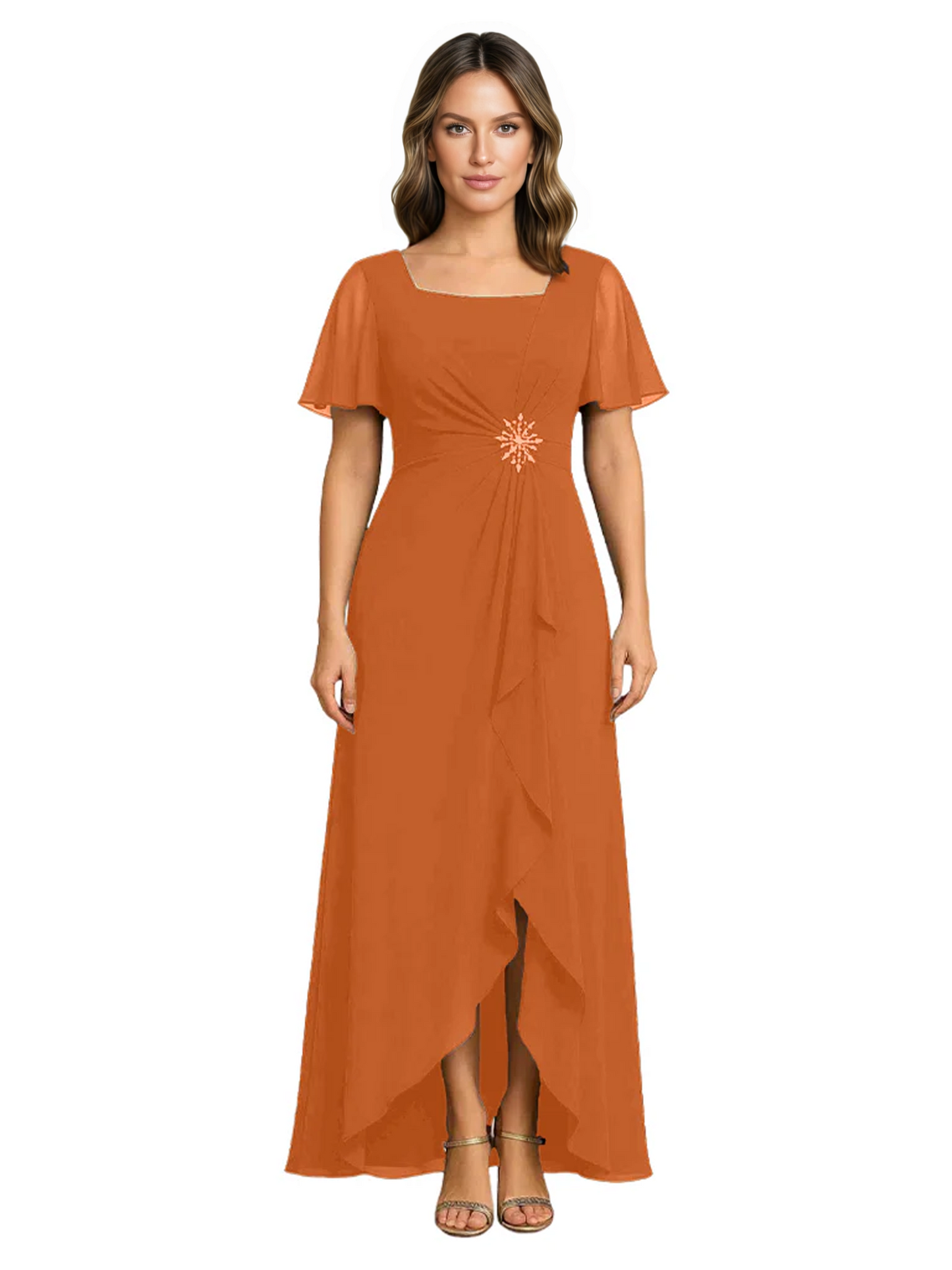 Formal High-Low Mother of the Bride Gown Sleeved Chiffon Maxi Dress Ruched Waist