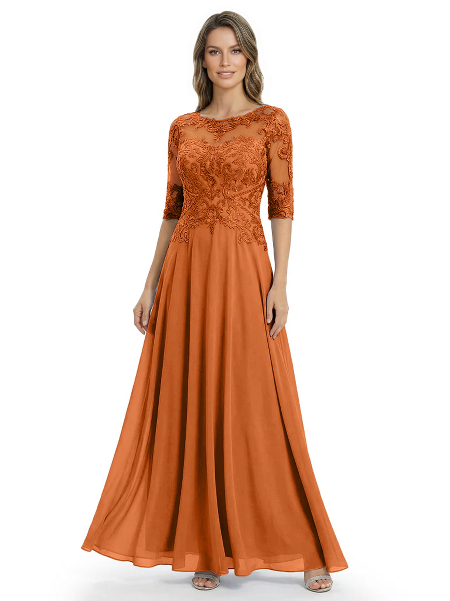 Illusion Neck Mother of the Bride Dress Half Sleeve Lace Applique Gowns Chiffon