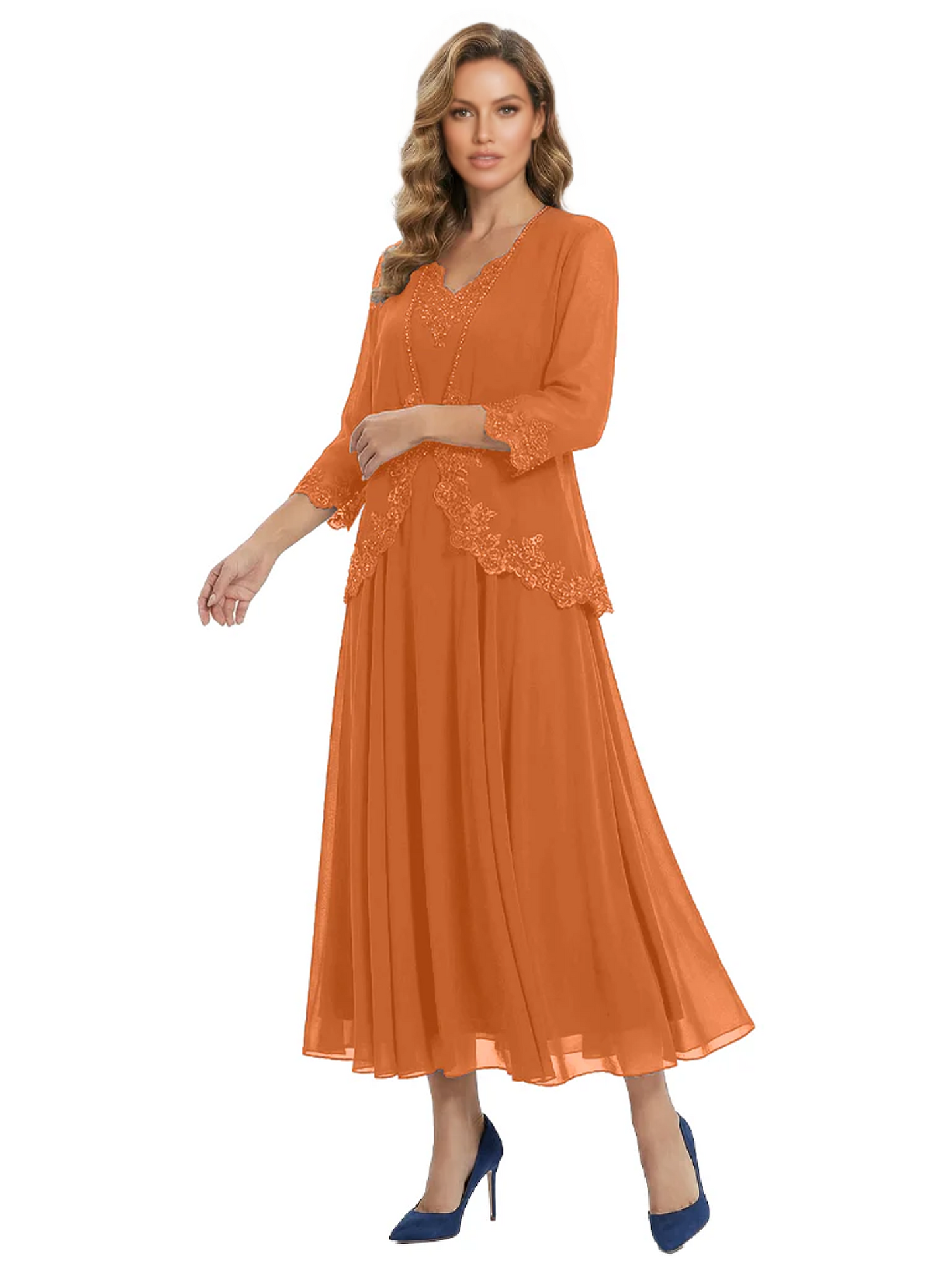 3/4 Sleeve Chiffon Mother of the Brides Dresses V-Neck Wedding Party Gowns