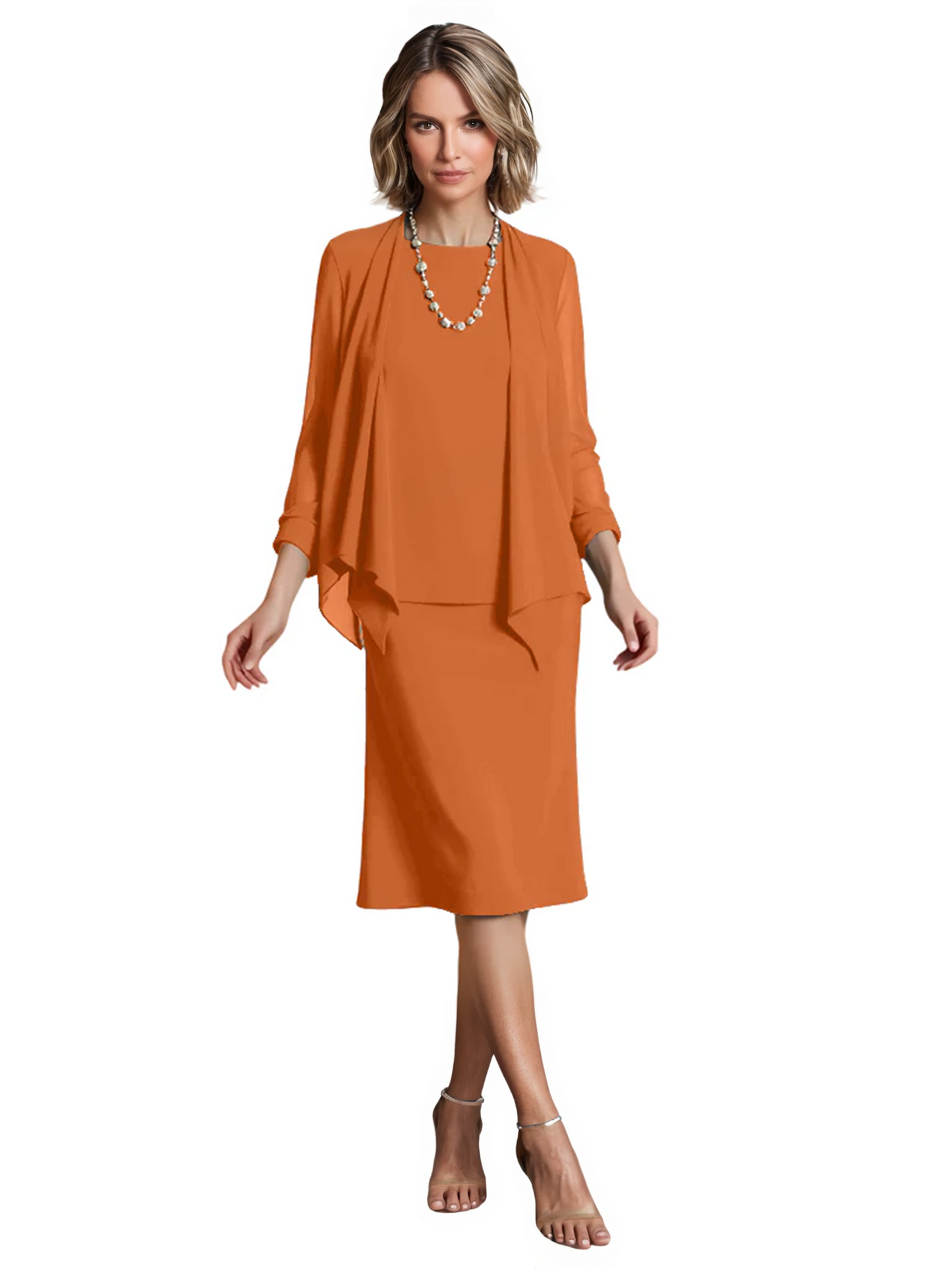 3 PCS Knee-Length Mother of Bride Dresses Prom Dress Evening Dress with Sheer Sleeves and Jacket