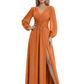 A-Line Mother of Bride Dress V-Neck Chiffon Gown Long Sleeves Slit Formal Dress