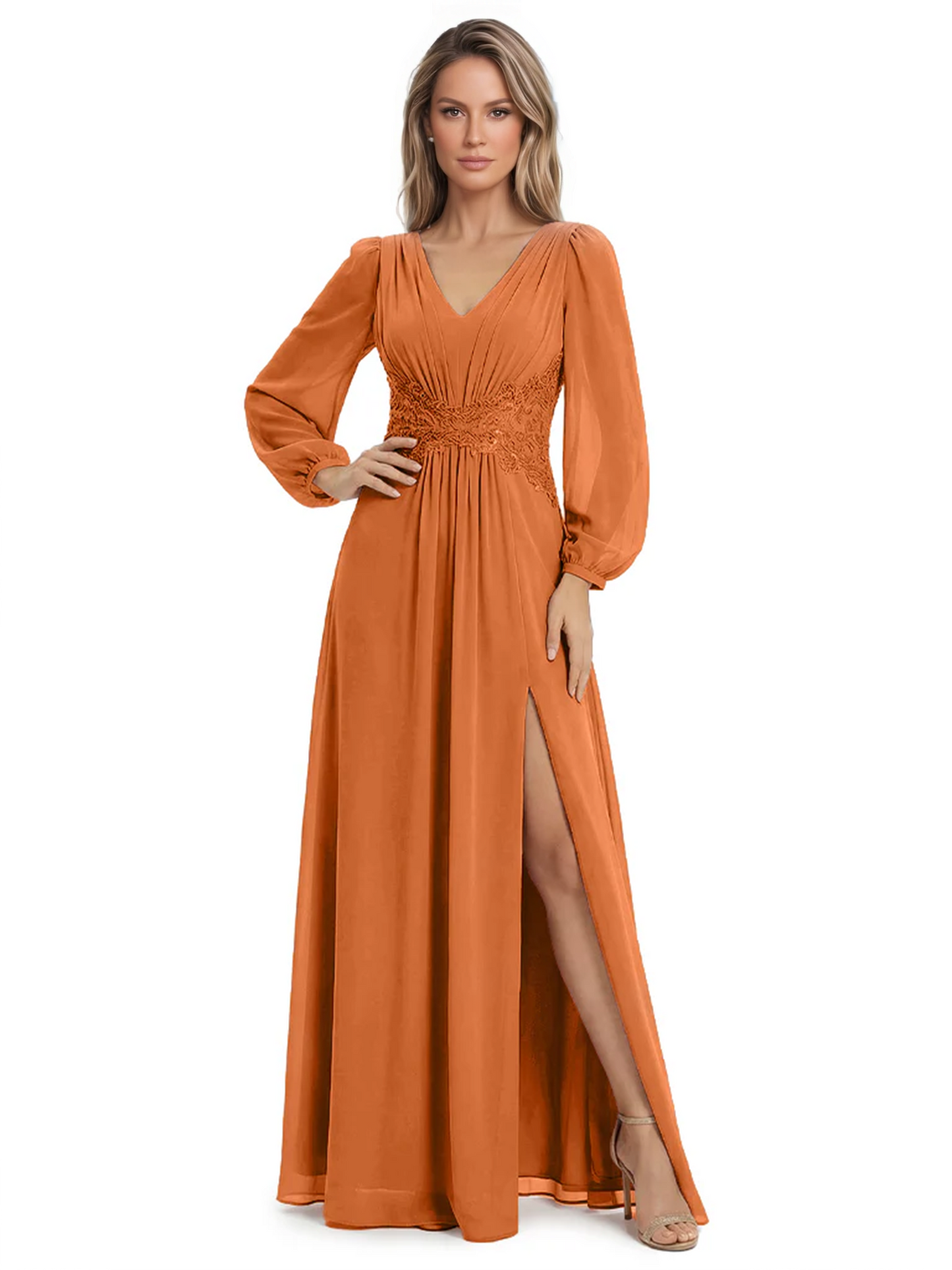A-Line Mother of Bride Dress V-Neck Chiffon Gown Long Sleeves Slit Formal Dress