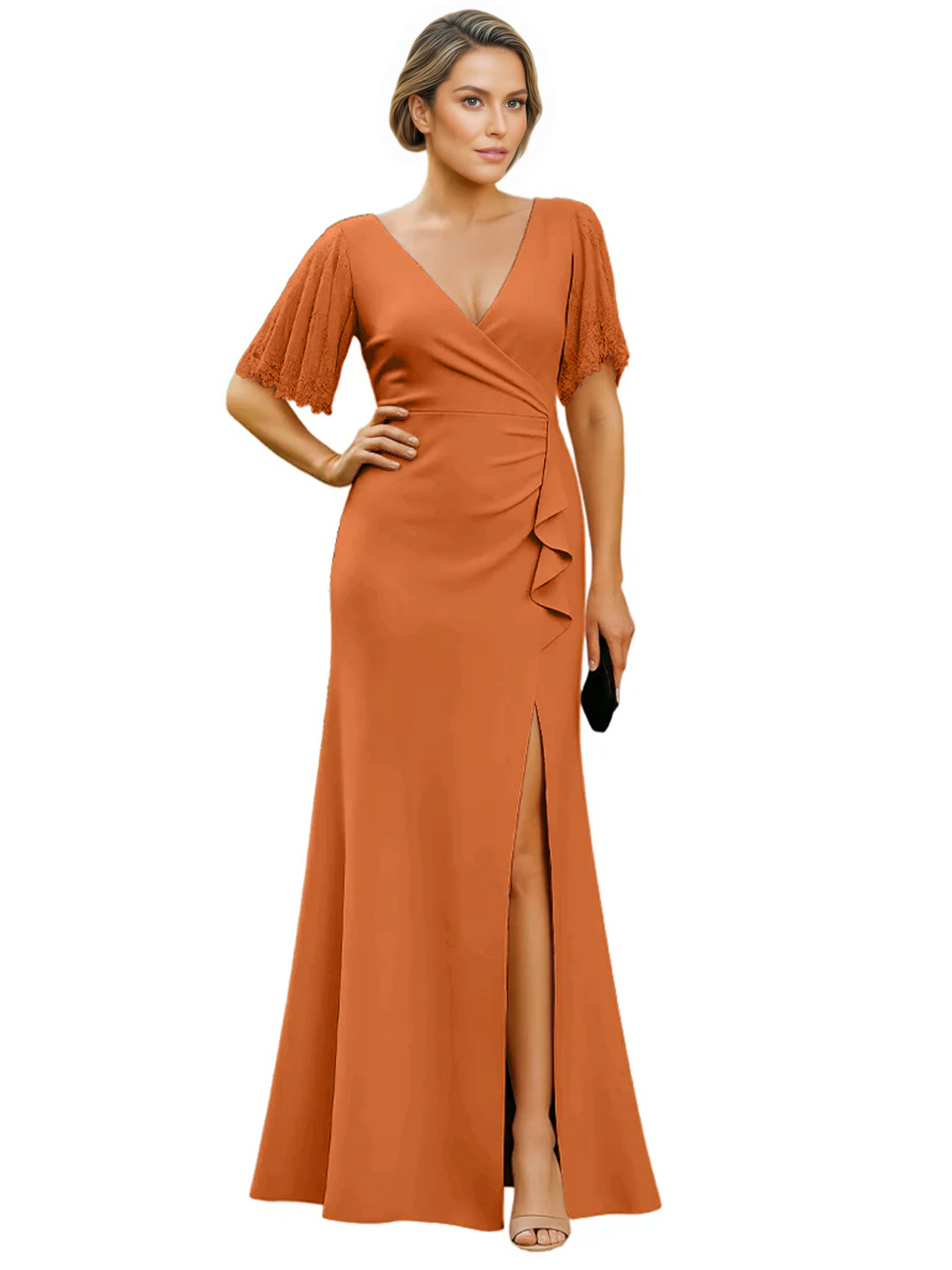 Elegant Evening Gown Trending V-Neck & Ruffle Detail Mother of Bride Outfits Slit