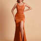 Sexy Satin V-neck Side Slit Mermaid Floor Length Bridesmaid Dresses