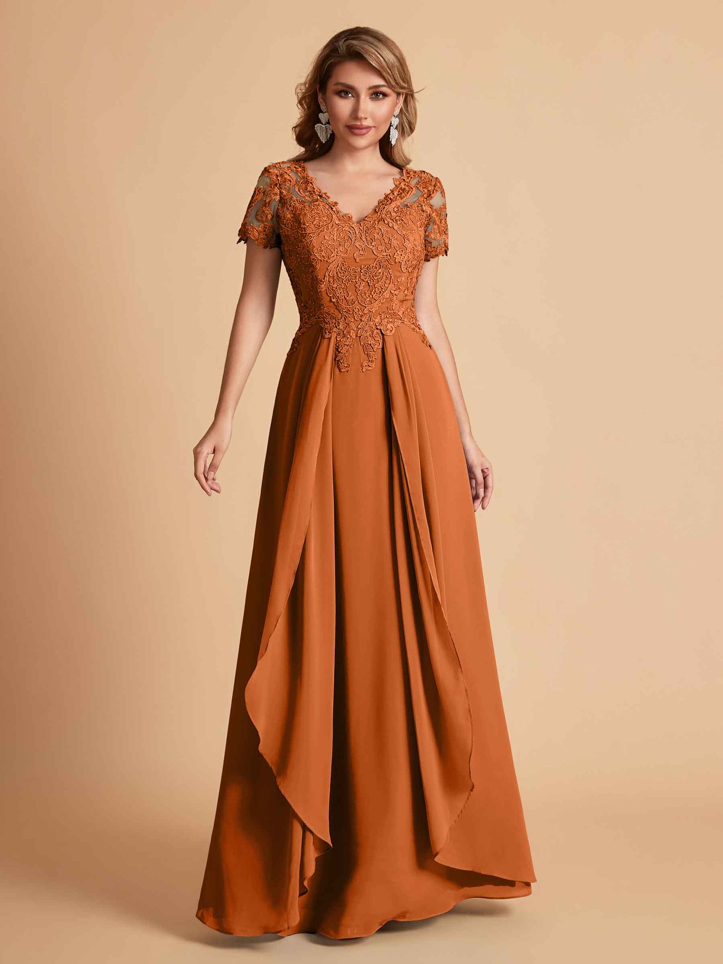 Elegant A-Line Chiffon Short Sleeves V-neck Mother of the Brides Dresses Lace Top MOB Dresses