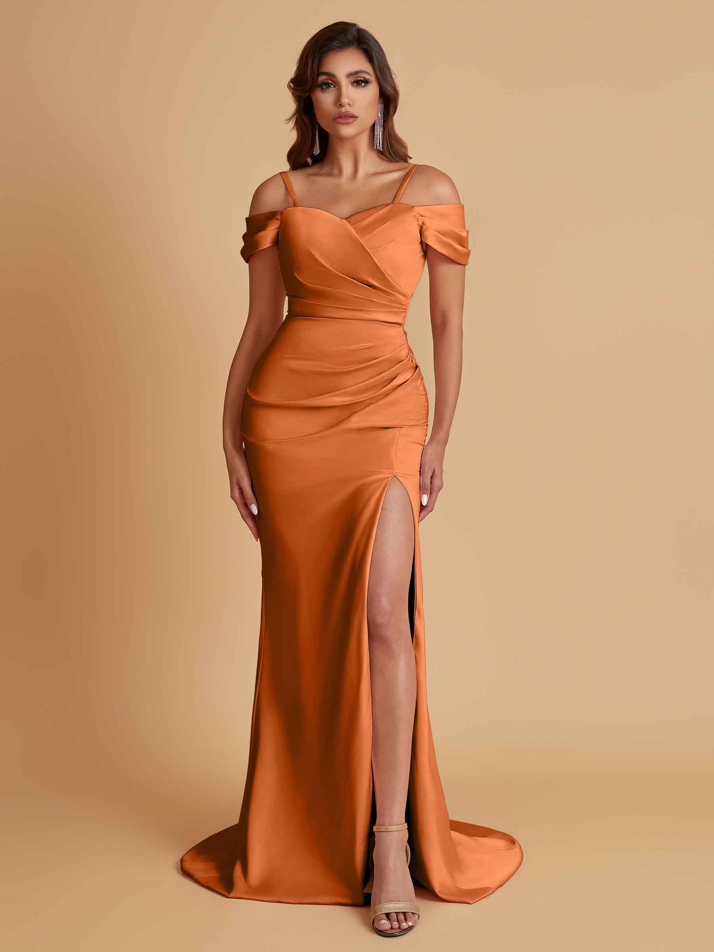 Sexy Soft Satin Mermaid Cold Shoulder Side Slit Floor-Length Bridesmaid Dresses Online