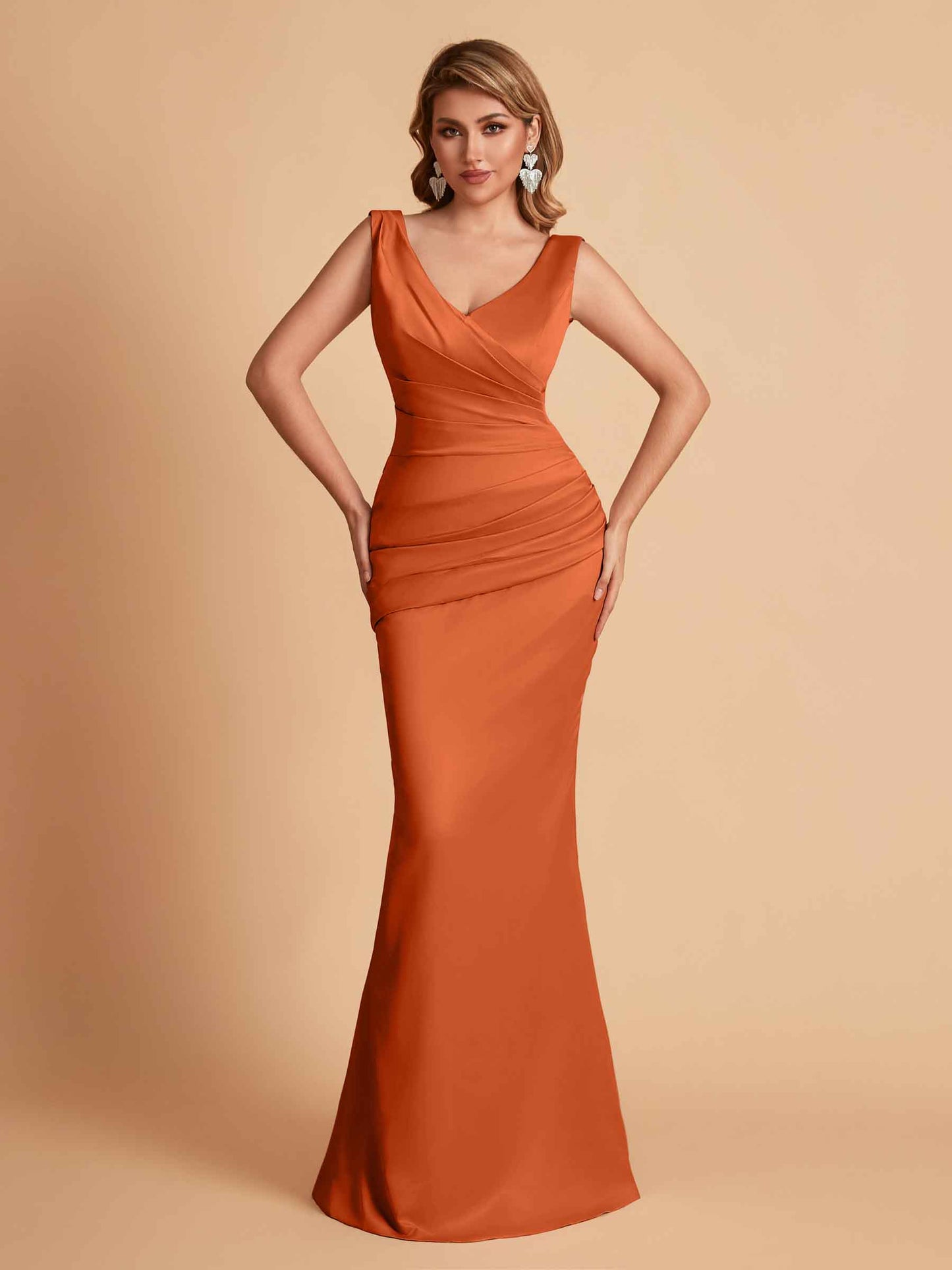 Elegant Satin V-neck Sleeveless Mermaid Floor Length Bridesmaid Dresses