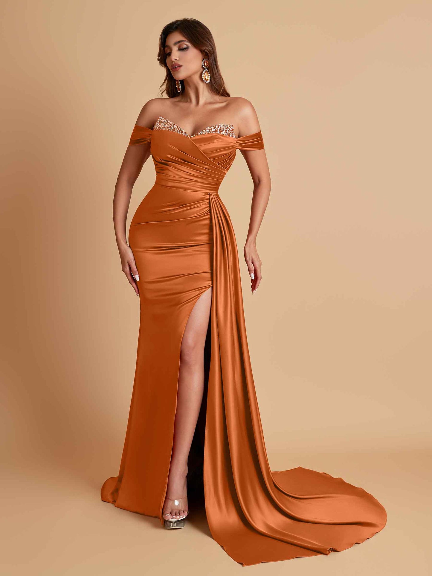 Gorgeous Soft Satin V-neck Off-the-Shoulder Side-Slit Mermaid Bridesmaid Dresses