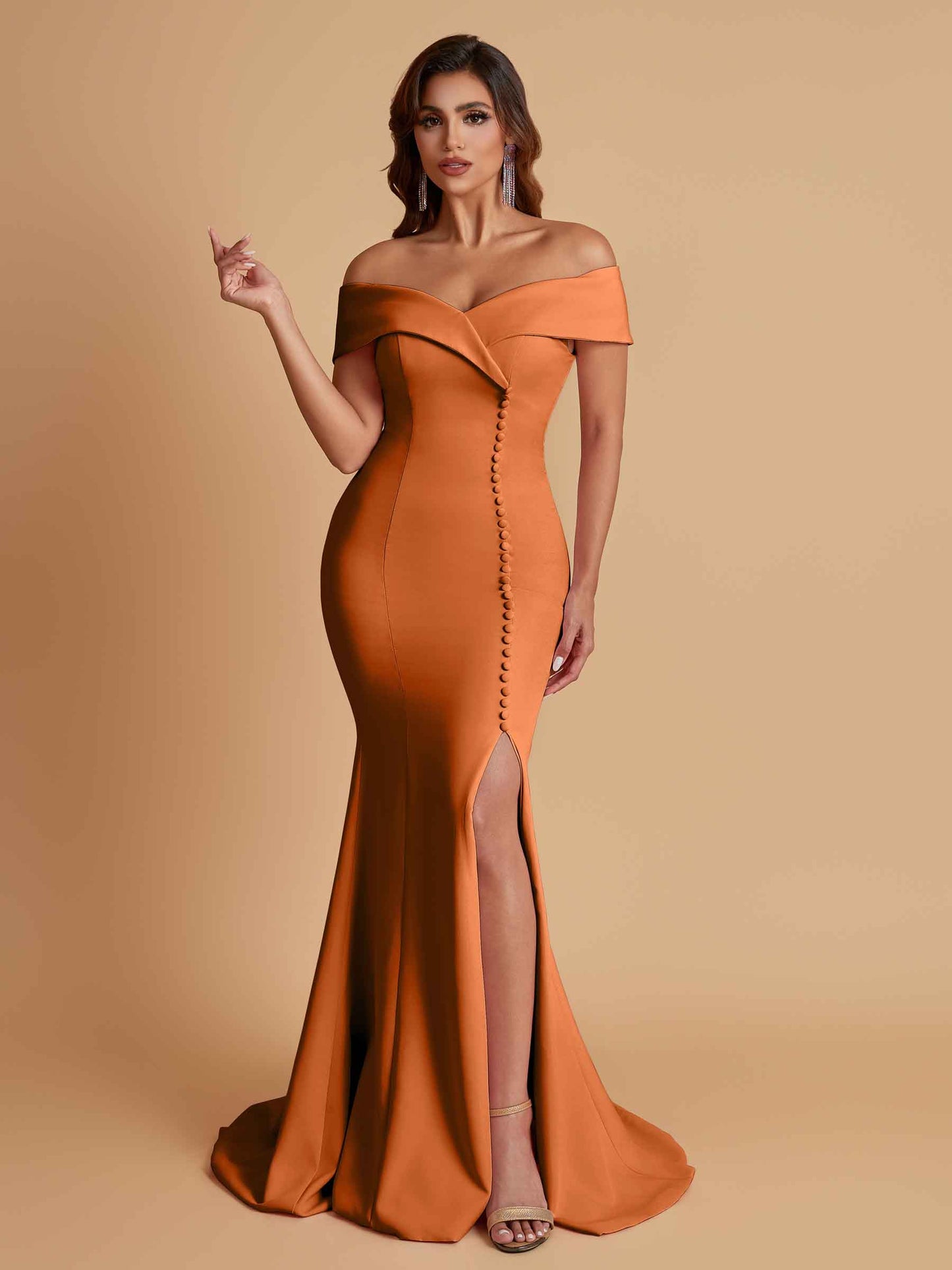 Elegant Soft Satin Mermaid Off Shoulder Side Slit Floor-Length Bridesmaid Dresses