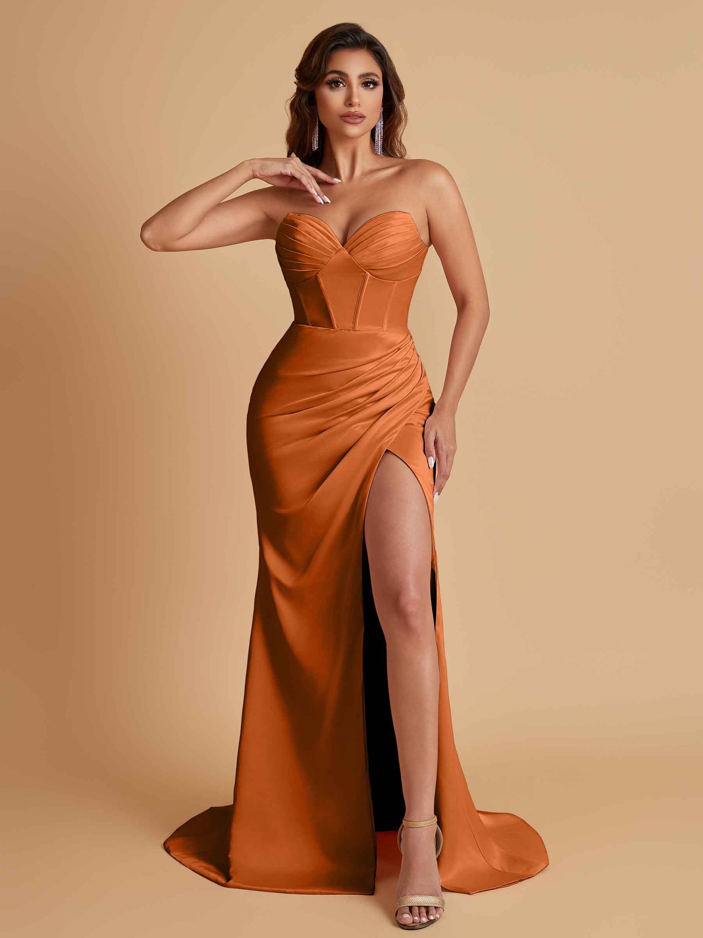 Elegant Soft Satin Mermaid V-neck Side Slit Floor-Length Bridesmaid Dresses Online