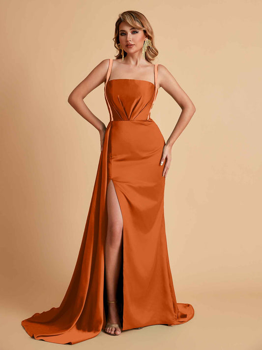 Sexy Satin Mermaid With Train Bridesmaid Dresses Pleats Side-Slit Floor-Length Wedding Guest Dresses