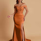 Elegant Soft Satin Mermaid Off Shoulder Side Slit Floor-Length Mermaid Bridesmaid Dresses