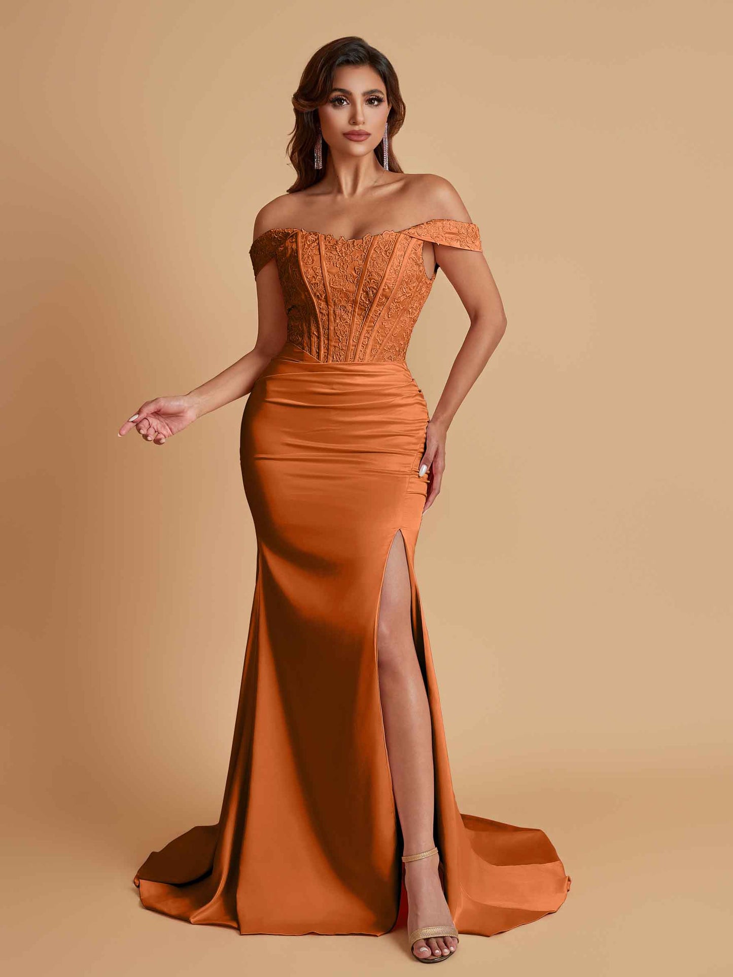 Elegant Soft Satin Mermaid Off Shoulder Side Slit Floor-Length Mermaid Bridesmaid Dresses
