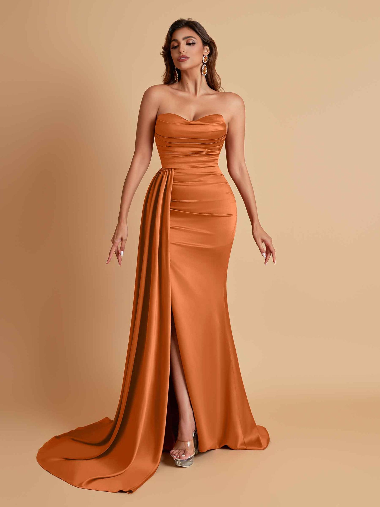 Elegant Soft Satin Sweetheart Strapless Side-Slit Mermaid Bridesmaid Dresses