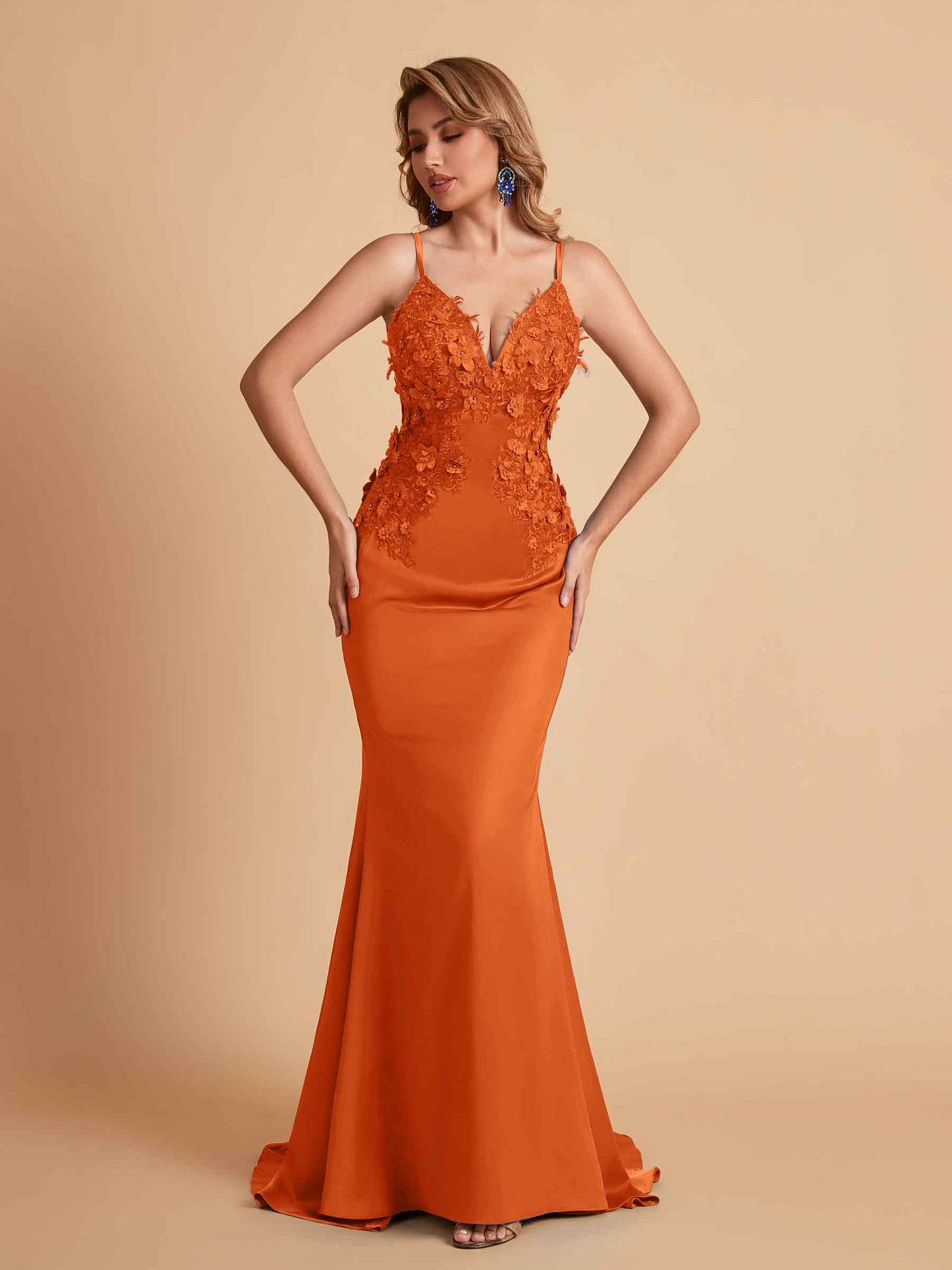 Sexy Satin Spaghetti Straps V-neck Mermaid Floor Length Applique Bridesmaid Dresses