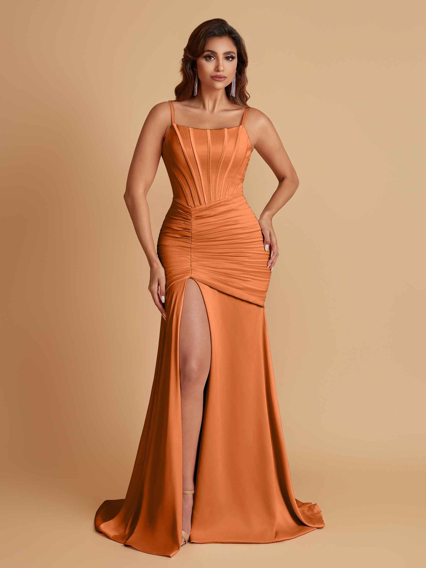 Sexy Soft Satin Mermaid Spaghetti Straps Side Slit Floor-Length Bridesmaid Dresses