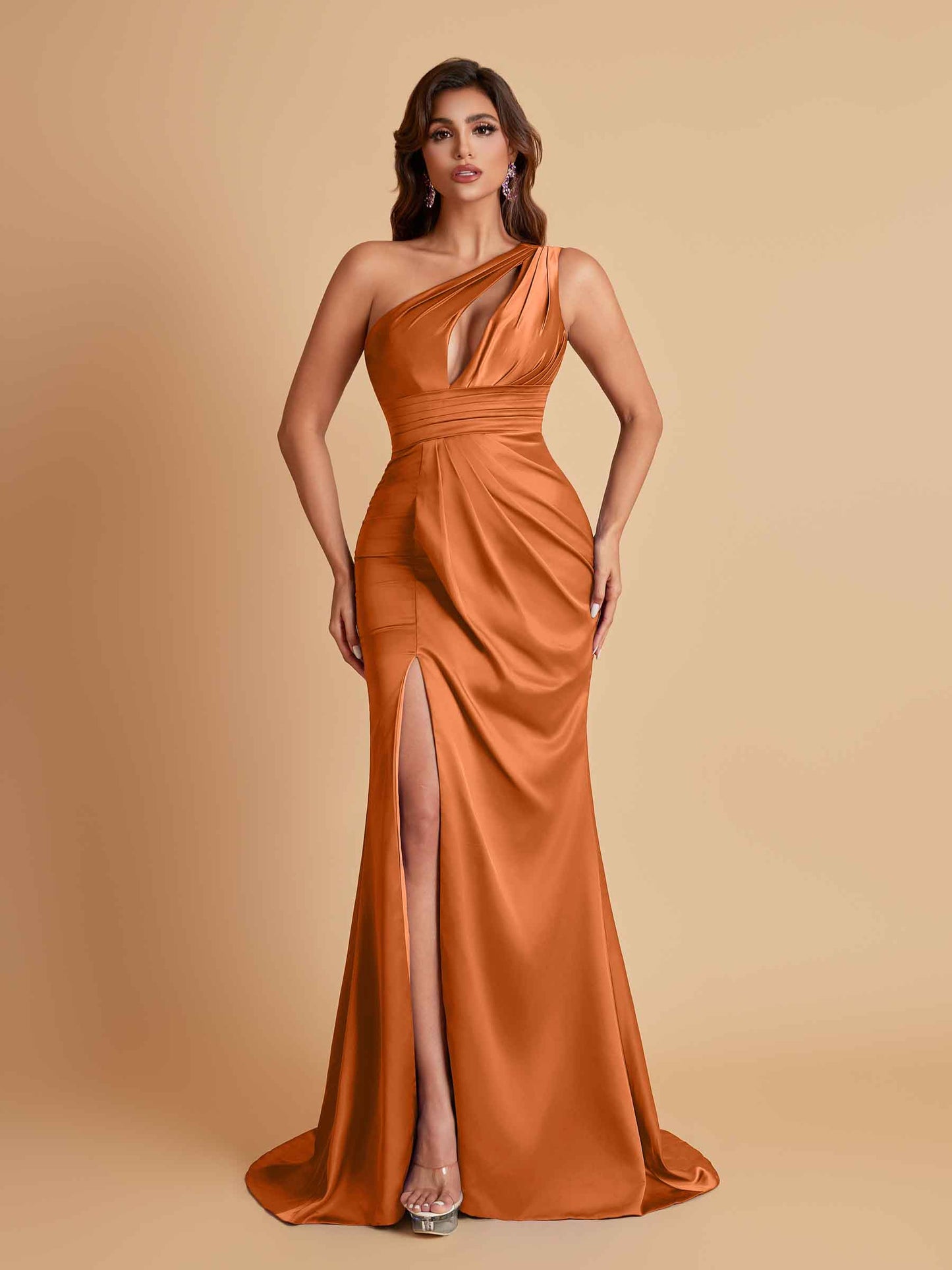 Sexy One Shoulder Soft Satin Side Slit Floor-Length Mermaid Bridesmaid Dresses
