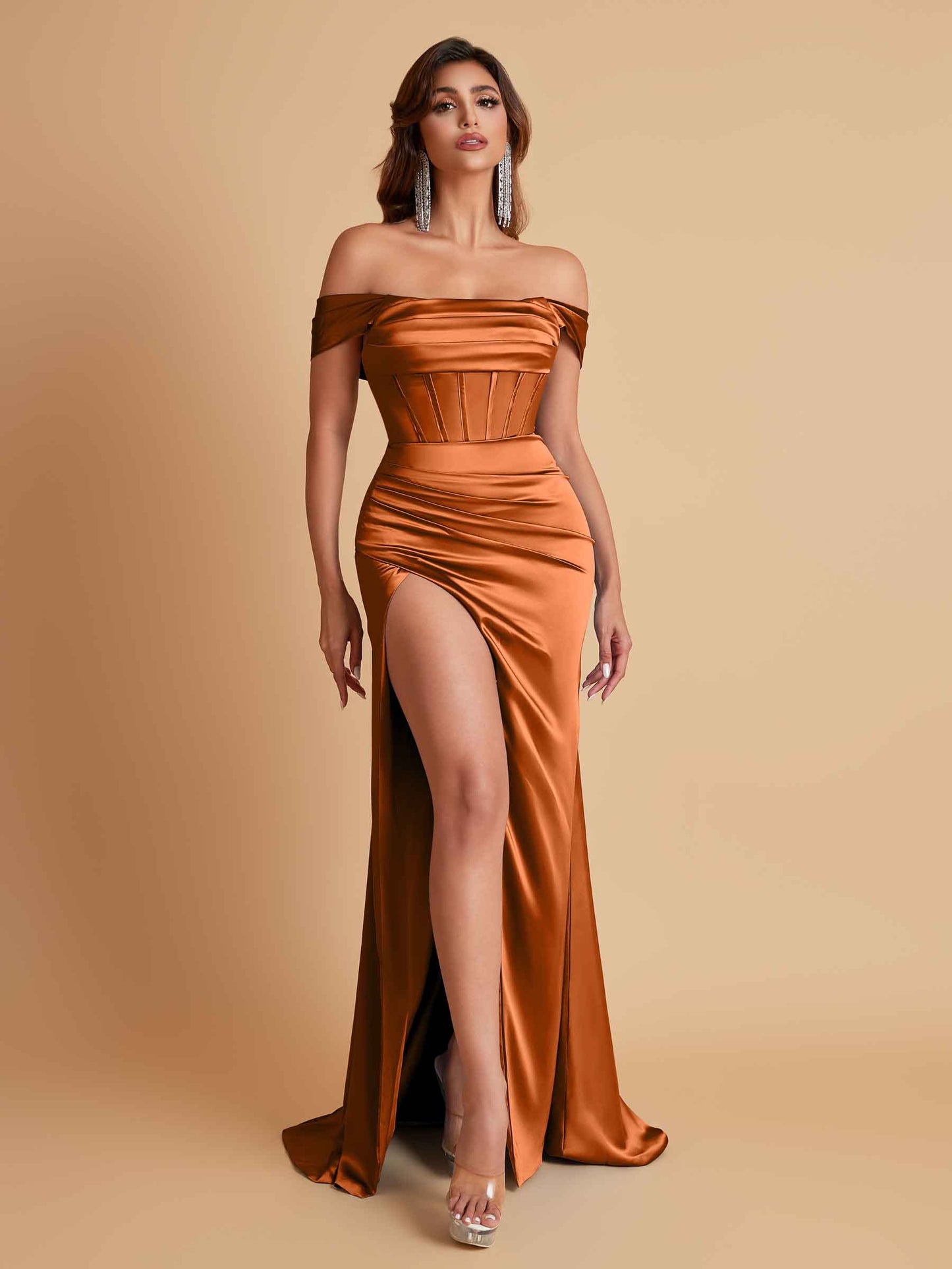 Sexy Off the Shoulder Soft Satin Side Slit Floor-Length Mermaid Bridesmaid Dresses