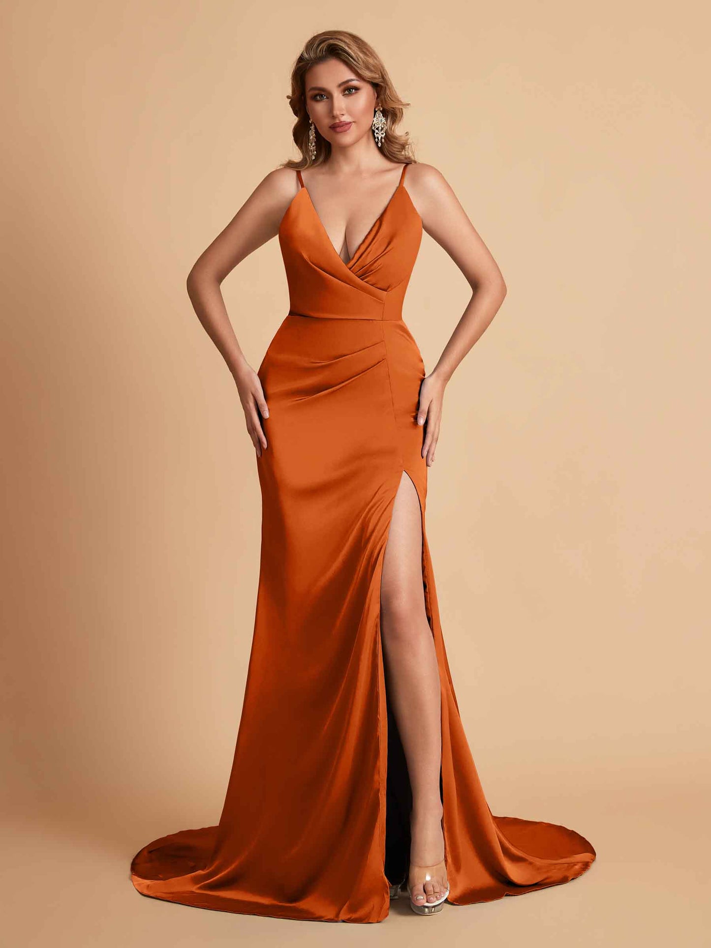 Elegant Satin Spaghetti Straps V-Neck Mermaid Side Slit Floor Length Bridesmaid Dresses