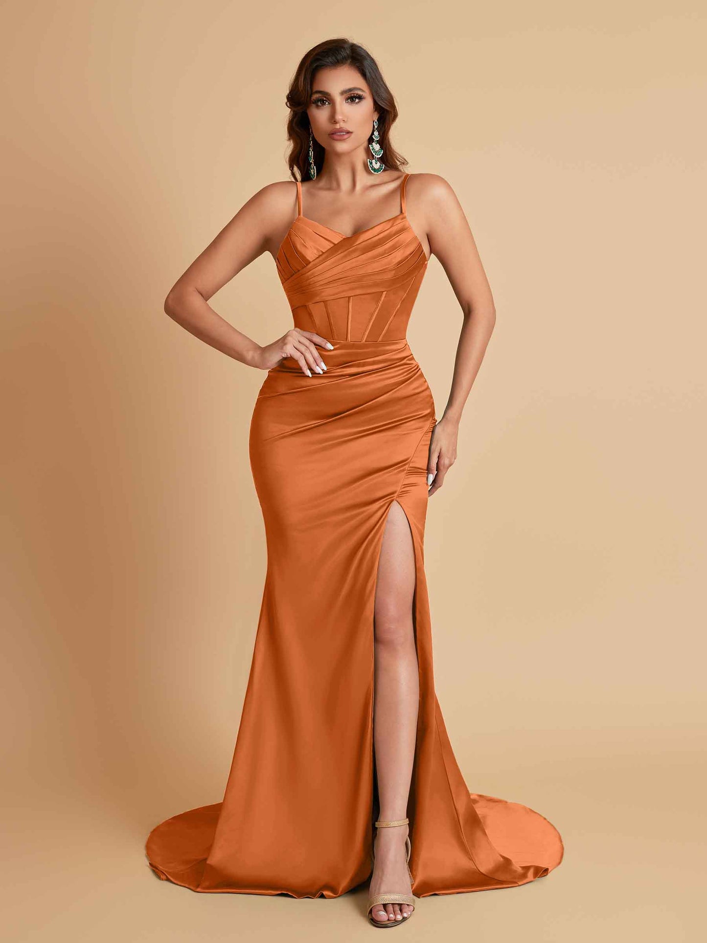 Sexy Spaghetti Straps V Neck Soft Satin Side Slit Floor-Length Mermaid Bridesmaid Dresses