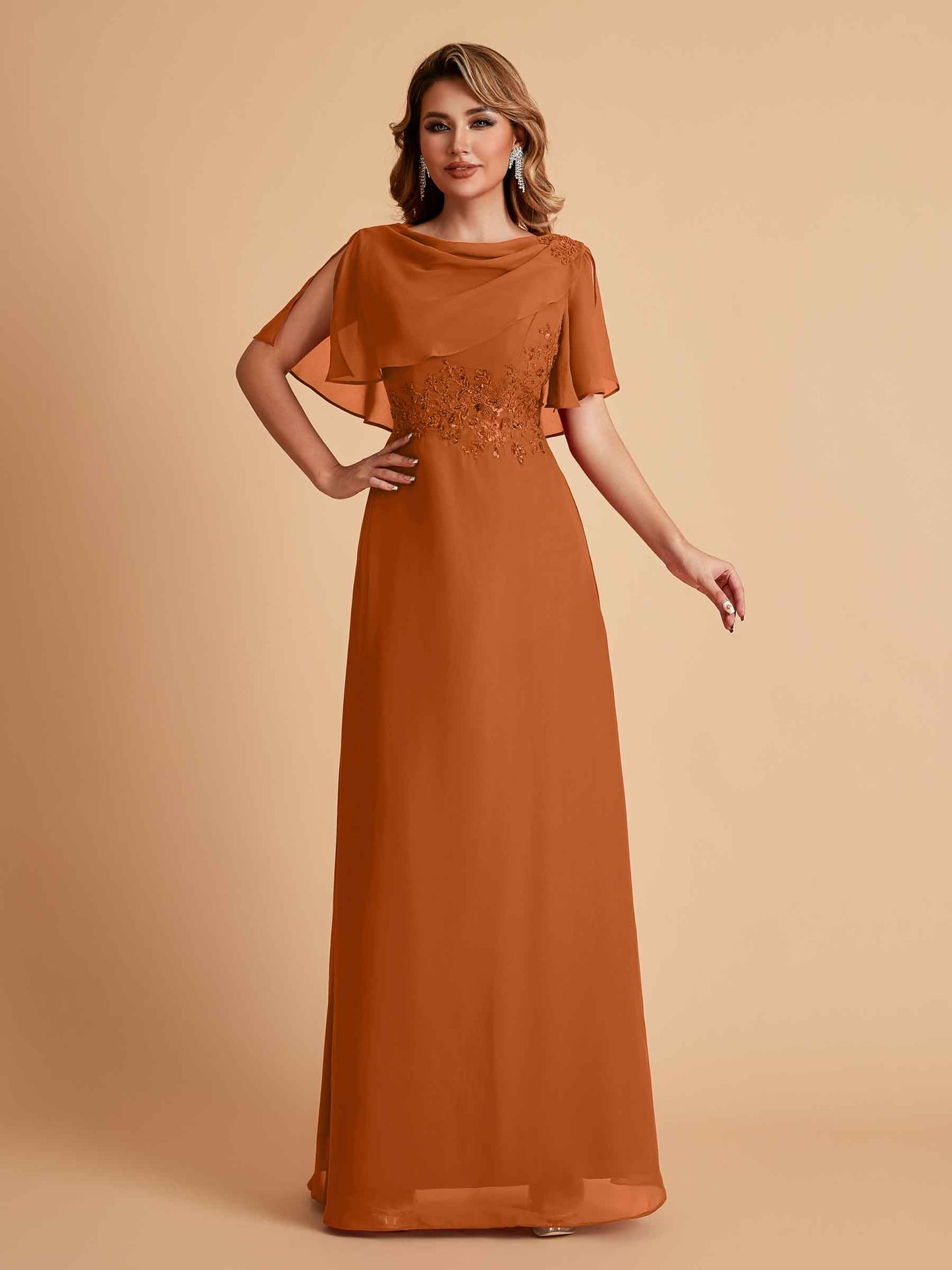 Elegant A-Line Chiffon Half Sleeves Jewel Mother of the Brides Dresses Online