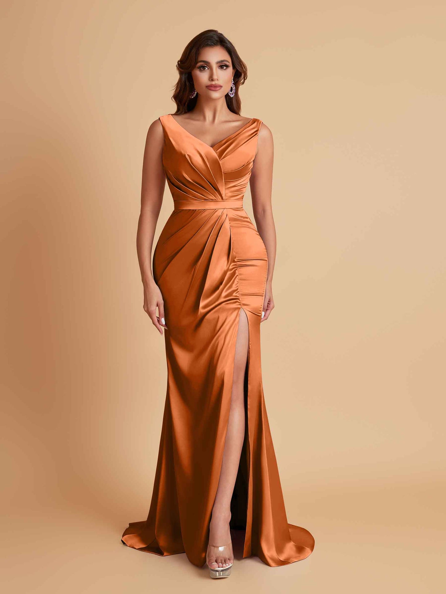 Elegant V Neck Soft Satin Side Slit Floor-Length Mermaid Bridesmaid Dresses