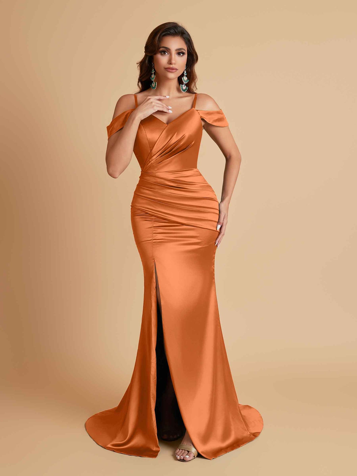 Sexy Soft Satin Mermaid Off Shoulder Side Slit Floor-Length Mermaid Bridesmaid Dresses
