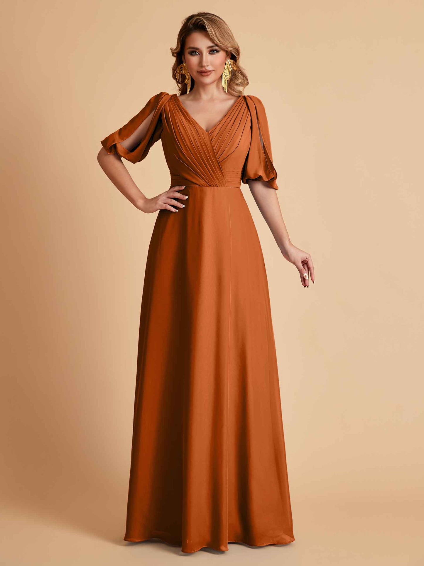 Elegant A-Line Chiffon Half Sleeves V-Neck Mother of the Brides Dresses Online