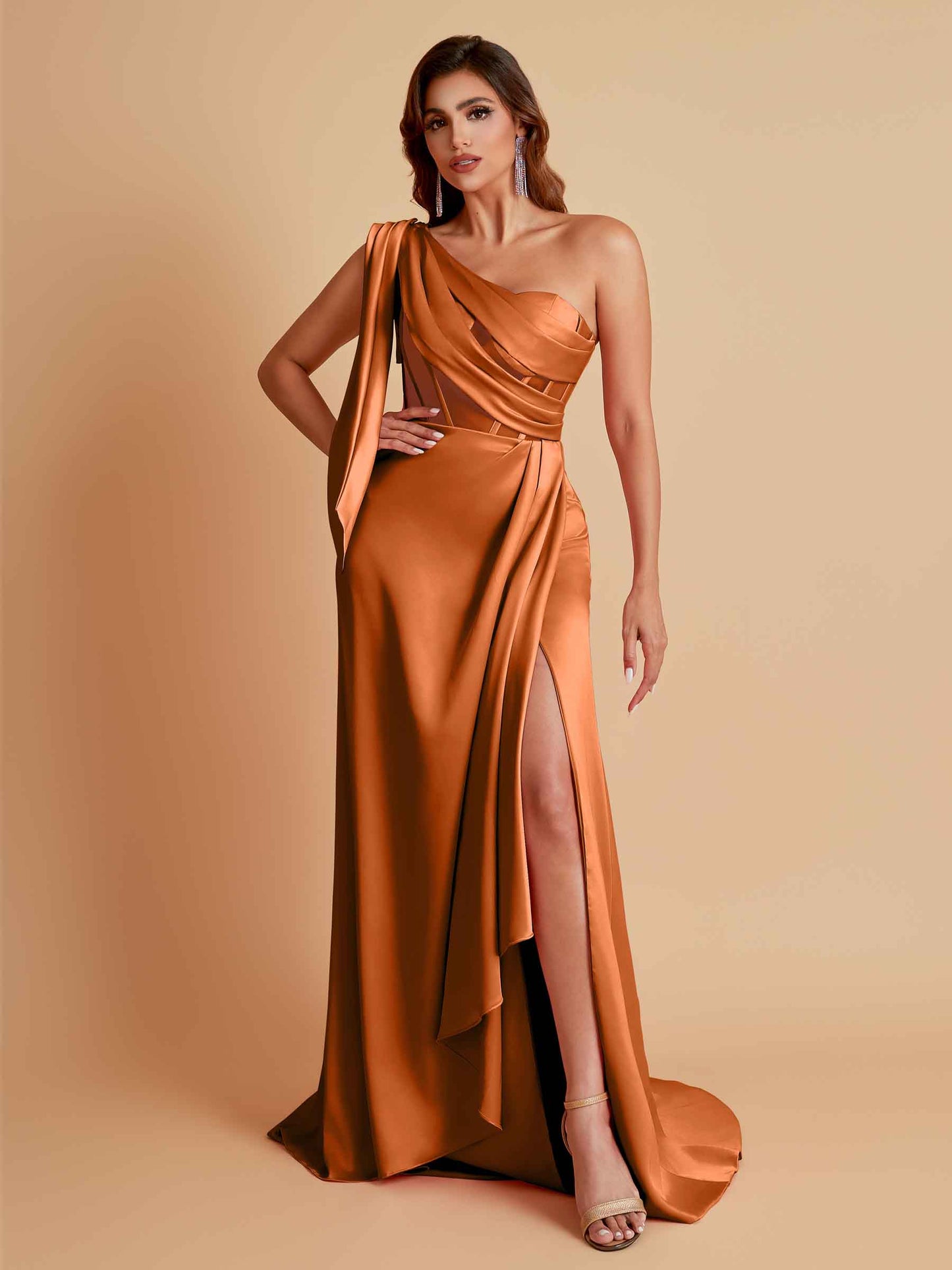 Sexy Soft Satin Mermaid One Shoulder Asymmetrical Side Slit Floor-Length Bridesmaid Dresses