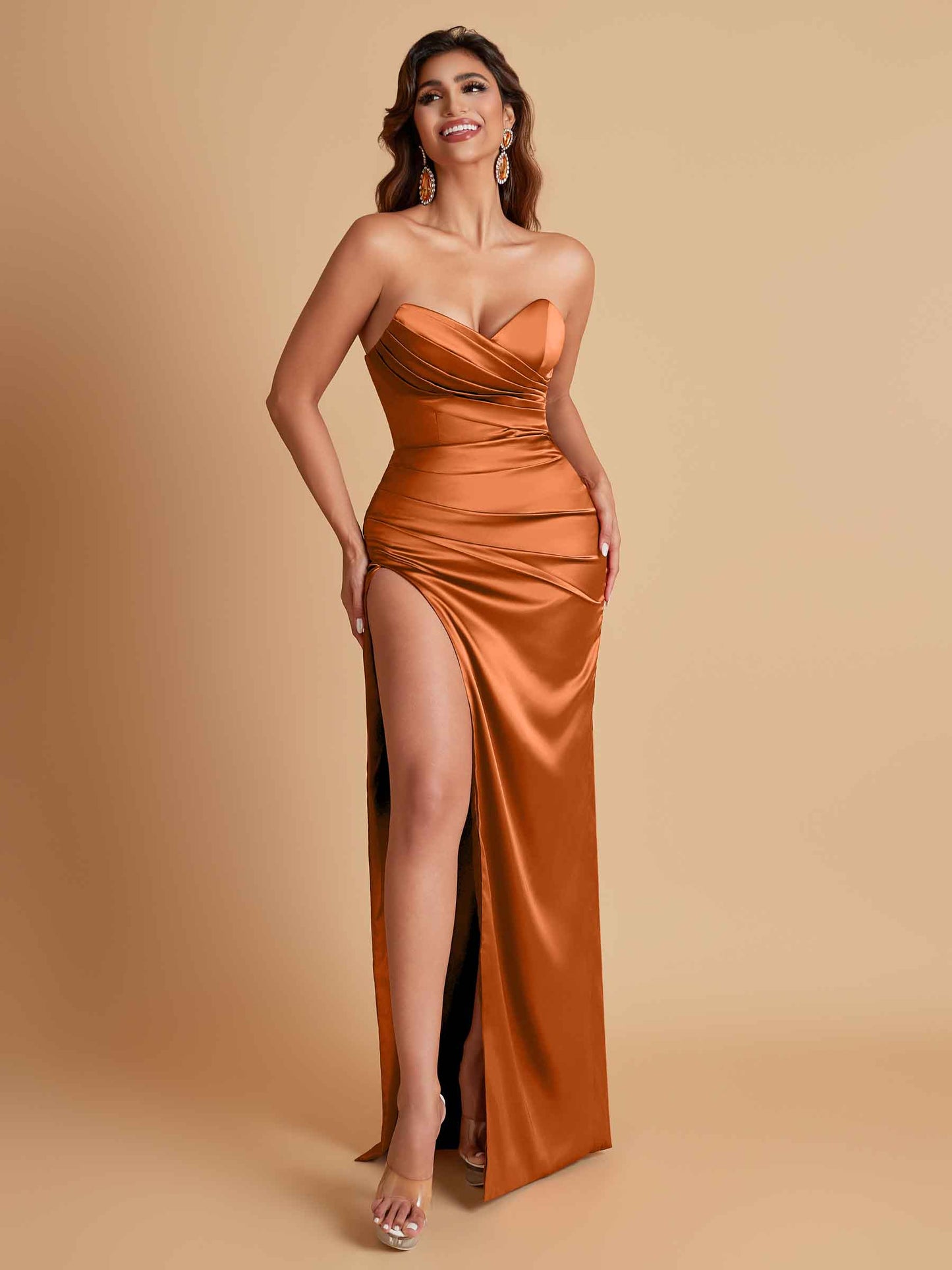 Soft Satin Elegant V-neck Strapless Split Side Mermaid Bridesmaid Dresses