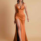 Stunning V Neck Soft Satin Side Slit Floor-Length Mermaid Bridesmaid Dresses