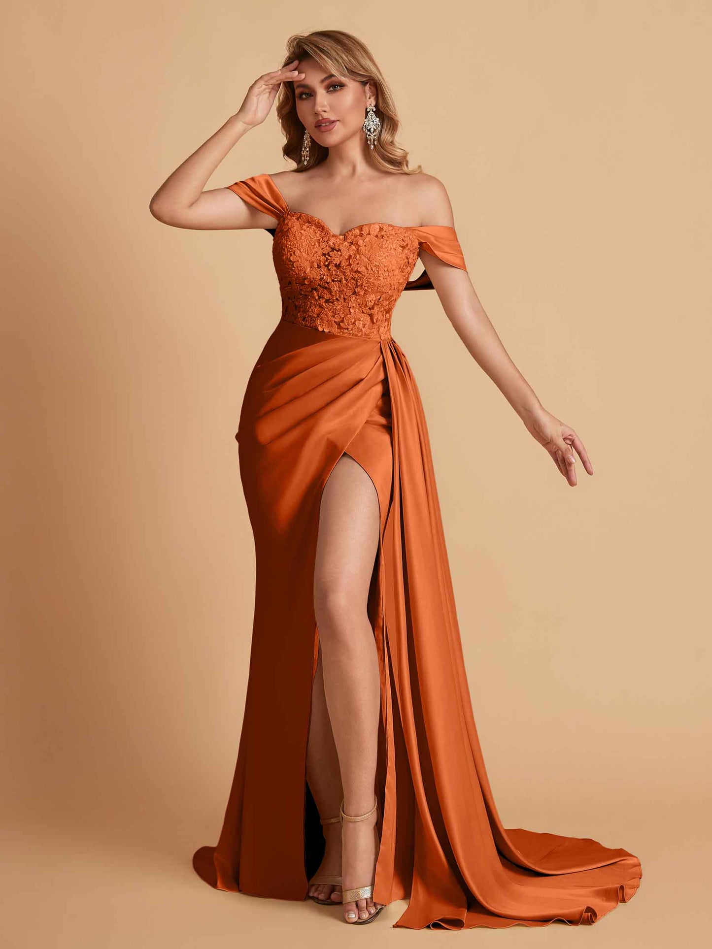 Sexy Satin Mermaid Off Shoulder Lace Side Slit Long Bridesmaid Dresses Online