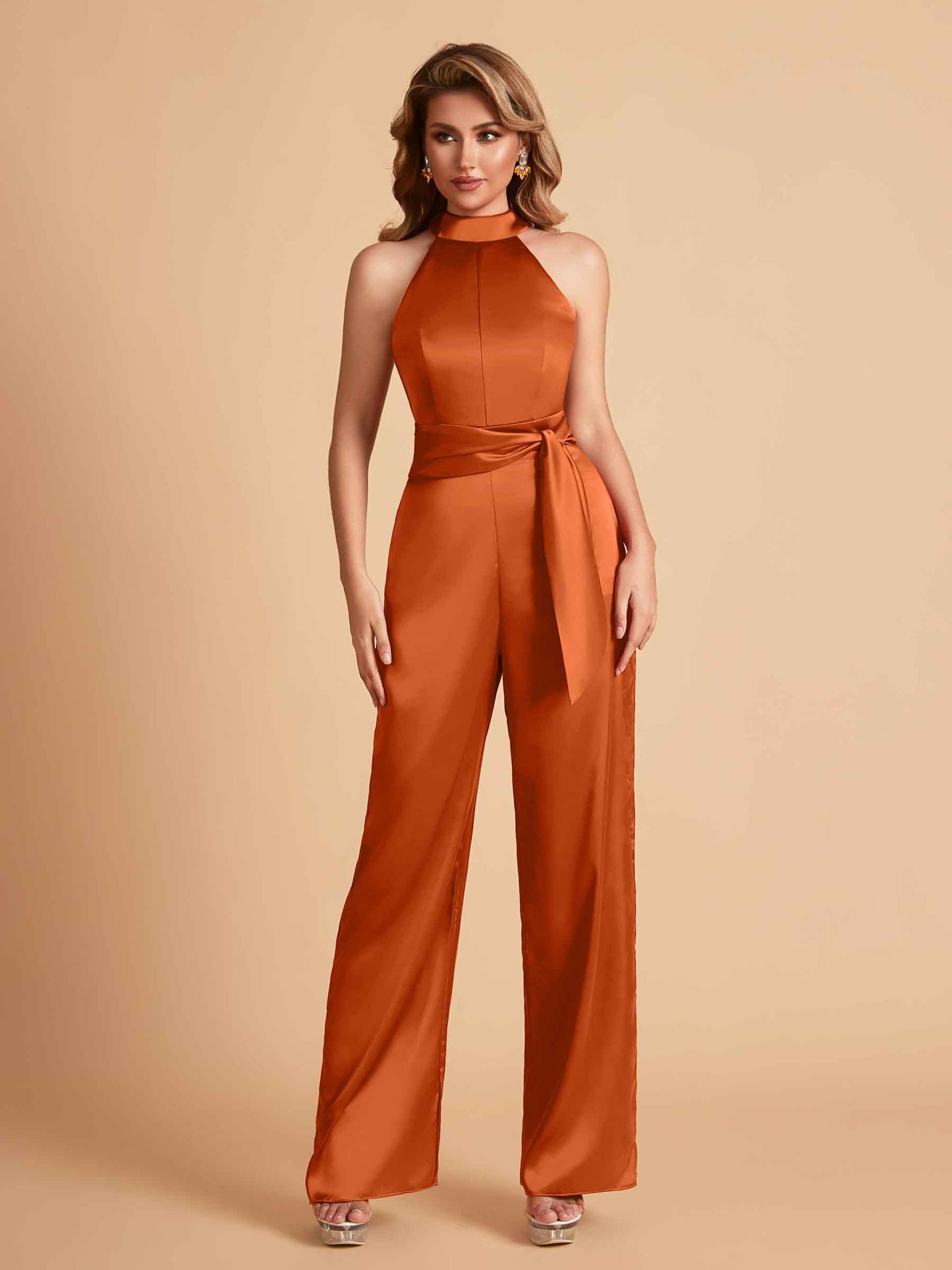 Elegant Satin Halter Sleeveless Satin Floor Length Bridesmaid Jumpsuit