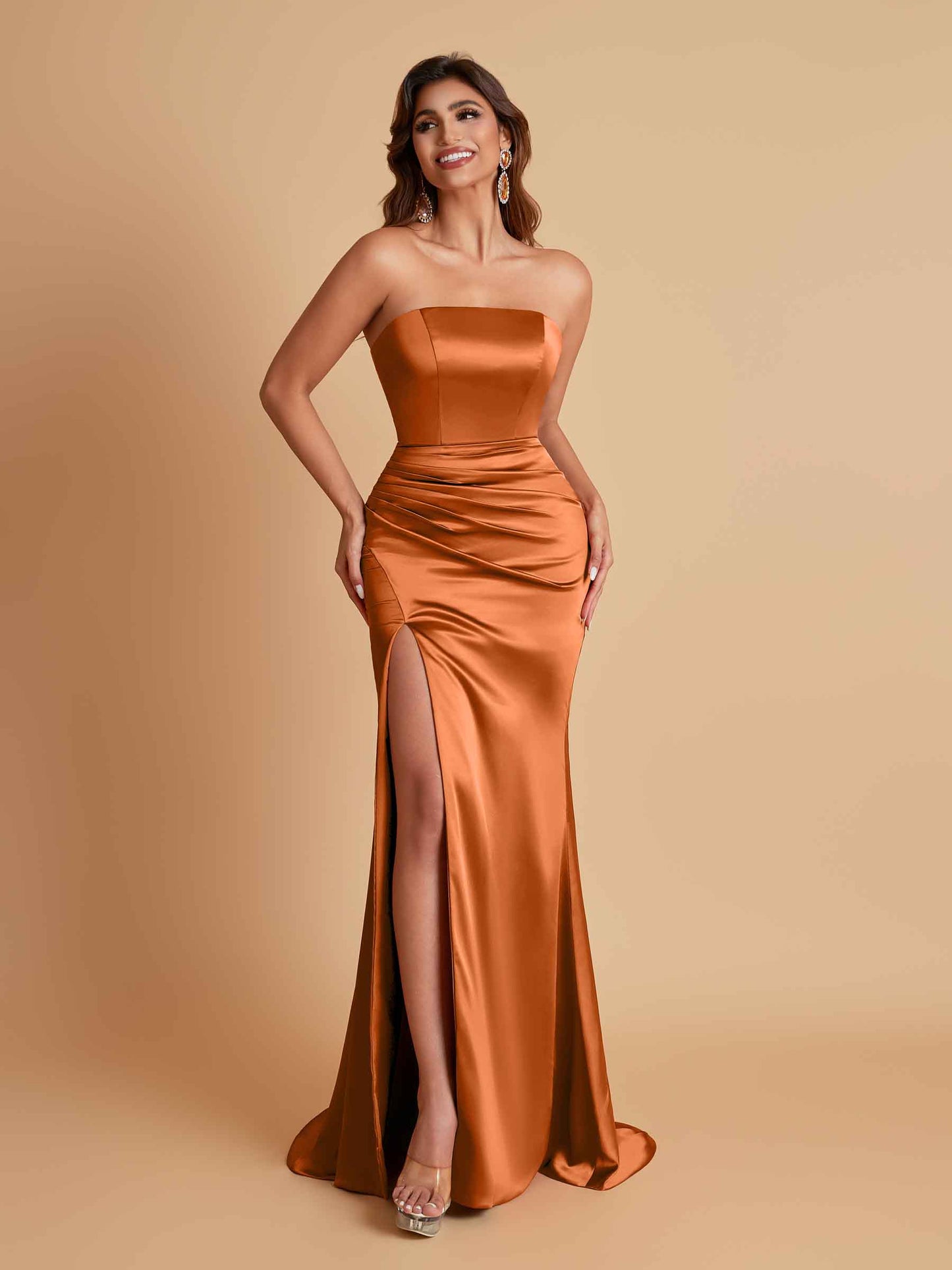 Elegant Soft Satin Strapless Split Side Mermaid Bridesmaid Dresses