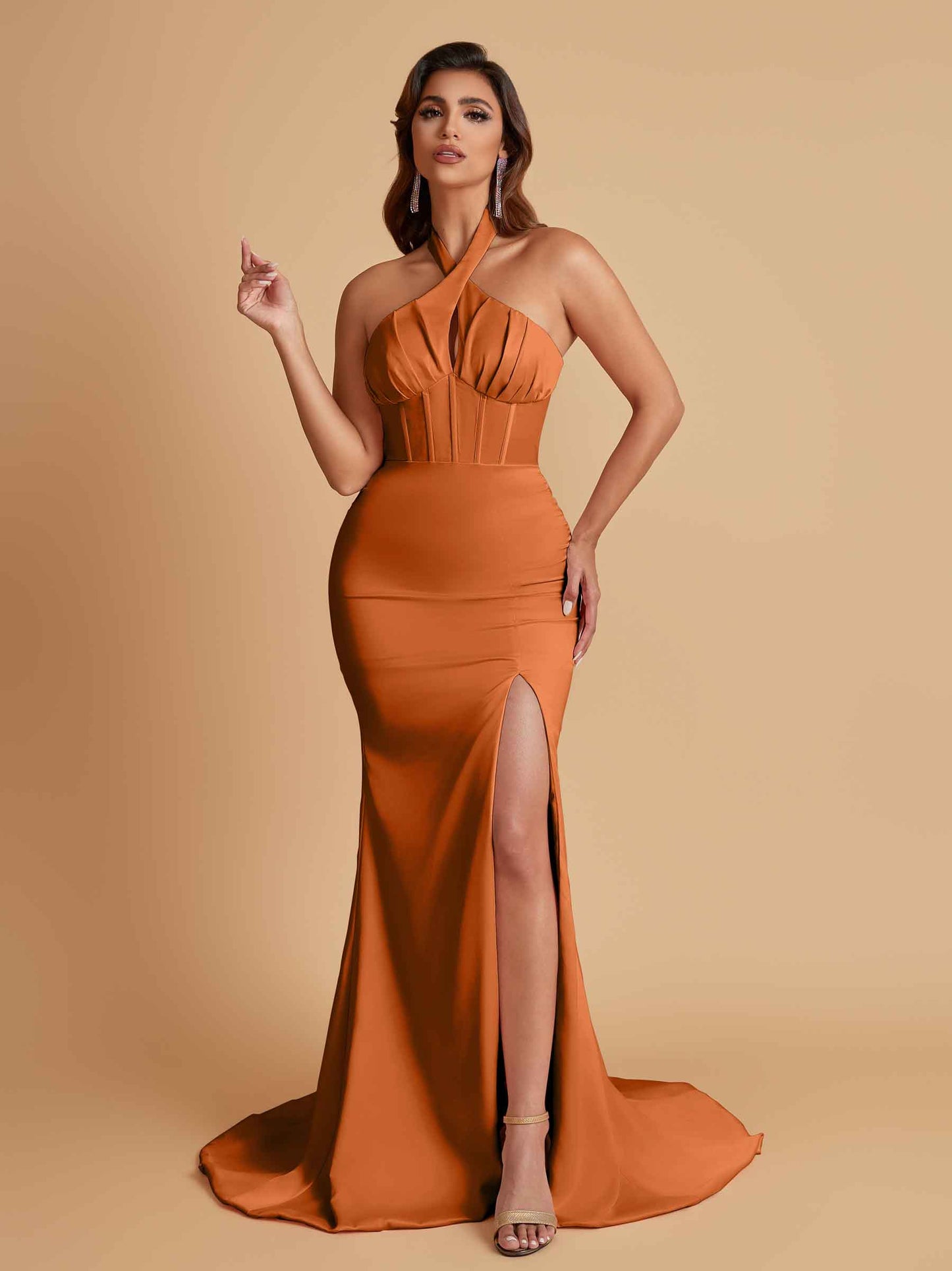 Elegant Soft Satin Mermaid Halter Side Slit Floor-Length Bridesmaid Dresses Online